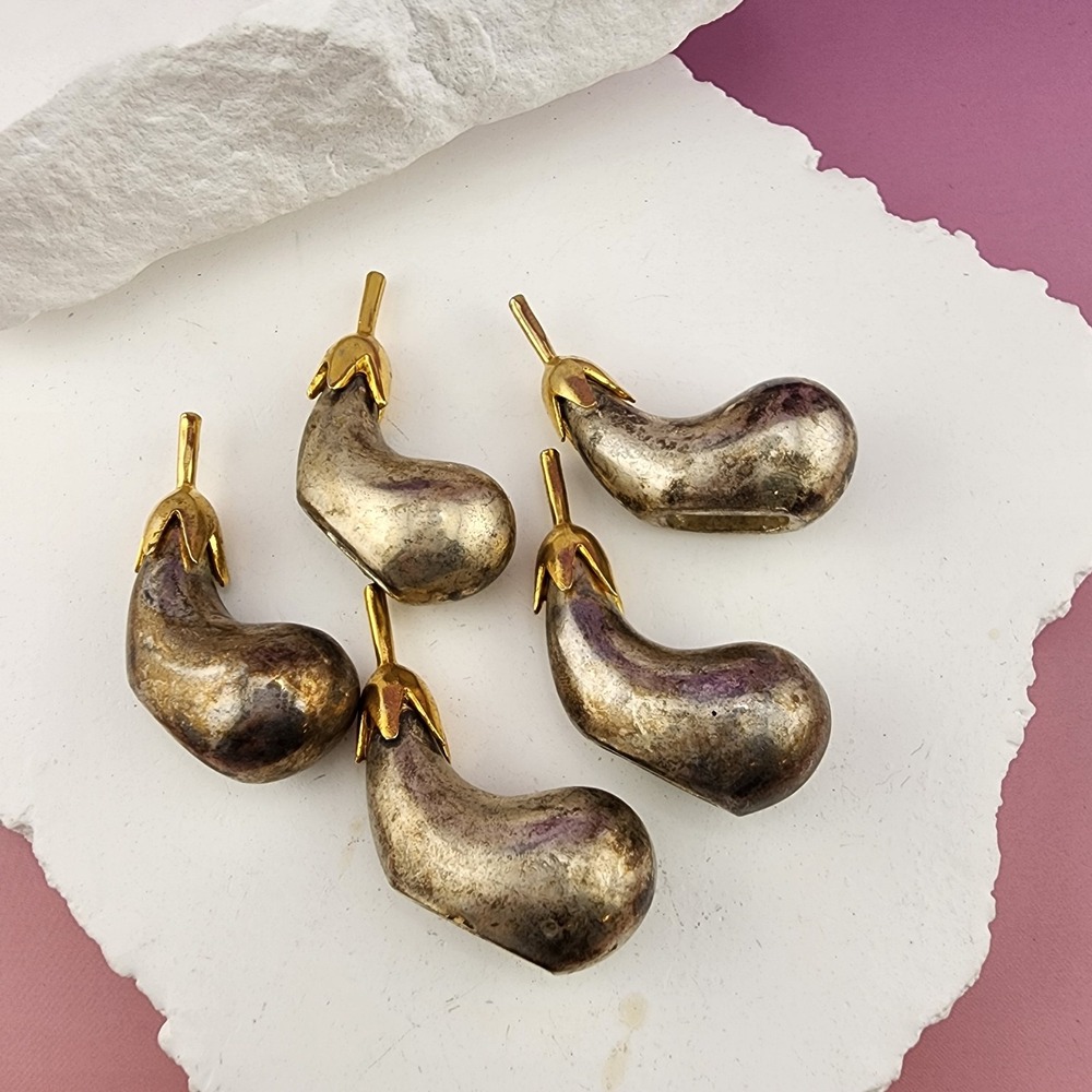 Set of 5 Silver Gold Tone Eggplant Metal Miniature Figurines Decorative Pieces